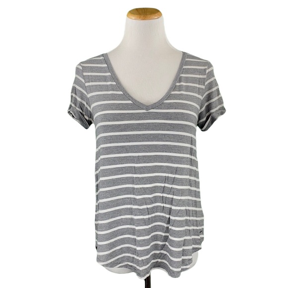 American Eagle Outfitters Tops - American Eagle Soft & Sexy Gray & White Striped Short Cuffed Sleeve V-Neck Tee